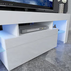 Meuble TV de 130 cm avec porte abattante et étagère en verre pour téléviseurs de 55 po