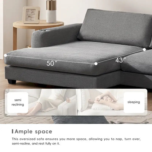 Canapé d'angle en velours côtelé 134 avec canapé en nuage en L et chargeur USB et méridienne 50 (capacité de 150 kg)