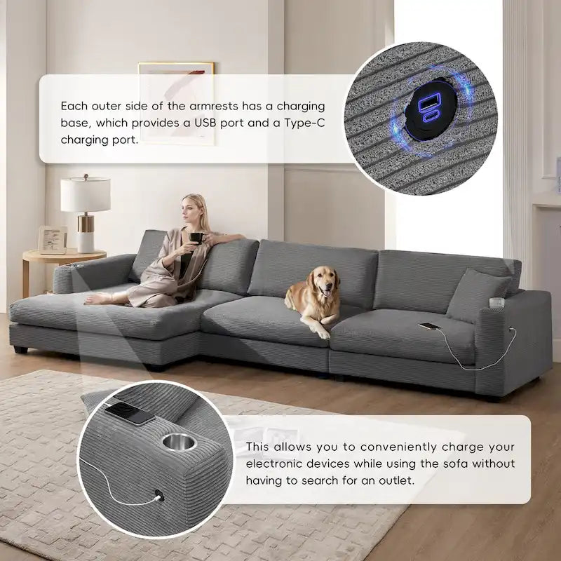 Canapé d'angle en velours côtelé 134 avec canapé en nuage en L et chargeur USB et méridienne 50 (capacité de 150 kg)