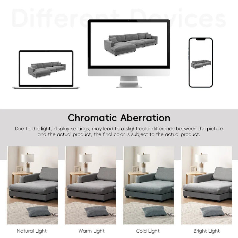 Canapé d'angle en velours côtelé 134 avec canapé en nuage en L et chargeur USB et méridienne 50 (capacité de 150 kg)
