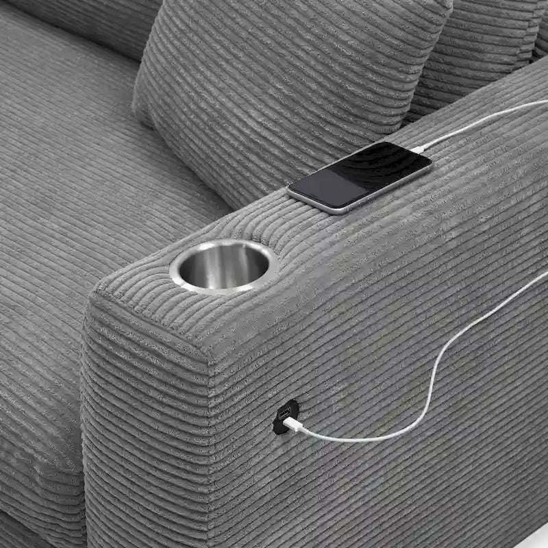 Canapé d'angle en velours côtelé 134 avec canapé en nuage en L et chargeur USB et méridienne 50 (capacité de 150 kg)