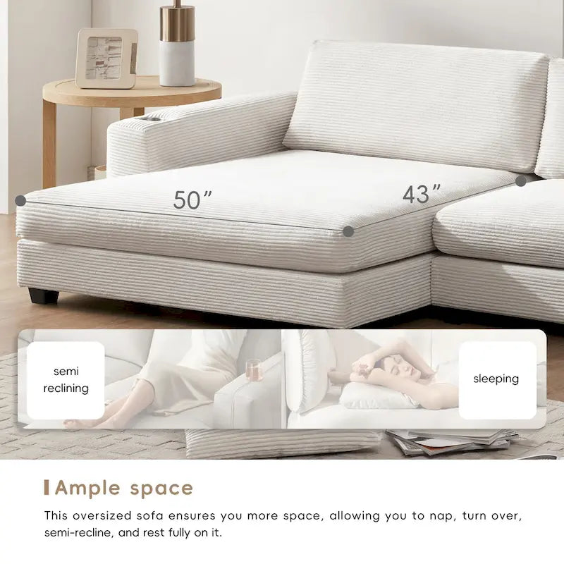 Canapé d'angle en velours côtelé 134 avec canapé en nuage en L et chargeur USB et méridienne 50 (capacité de 150 kg)