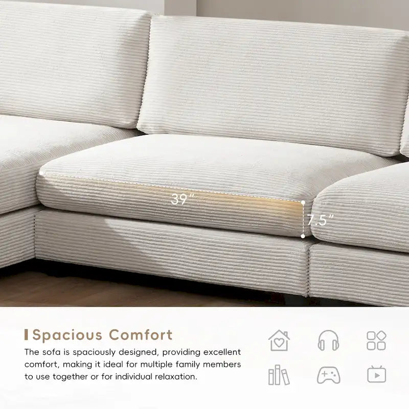Canapé d'angle en velours côtelé 134 avec canapé en nuage en L et chargeur USB et méridienne 50 (capacité de 150 kg)