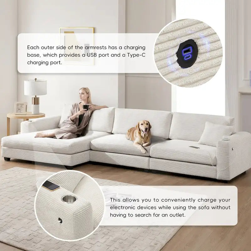 Canapé d'angle en velours côtelé 134 avec canapé en nuage en L et chargeur USB et méridienne 50 (capacité de 150 kg)