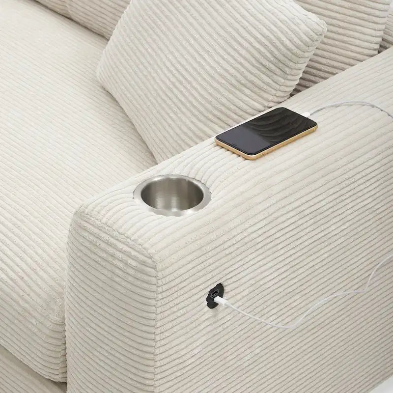 Canapé d'angle en velours côtelé 134 avec canapé en nuage en L et chargeur USB et méridienne 50 (capacité de 150 kg)