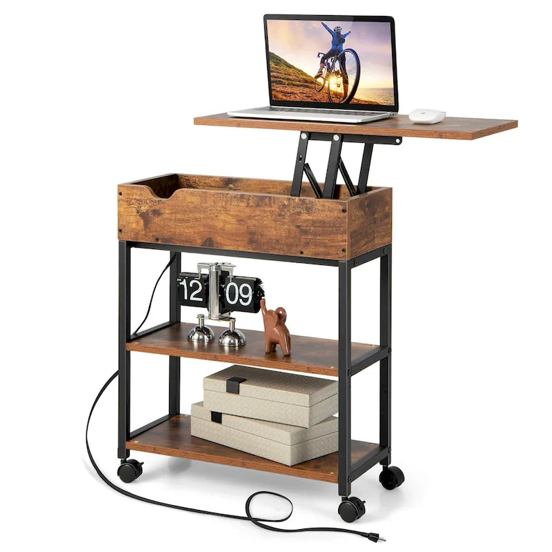 Table d'appoint relevable avec station de charge, étagères de rangement et roulettes