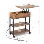 Table d'appoint relevable avec station de charge, étagères de rangement et roulettes