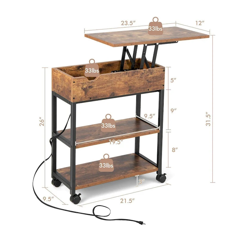 Table d'appoint relevable avec station de charge, étagères de rangement et roulettes