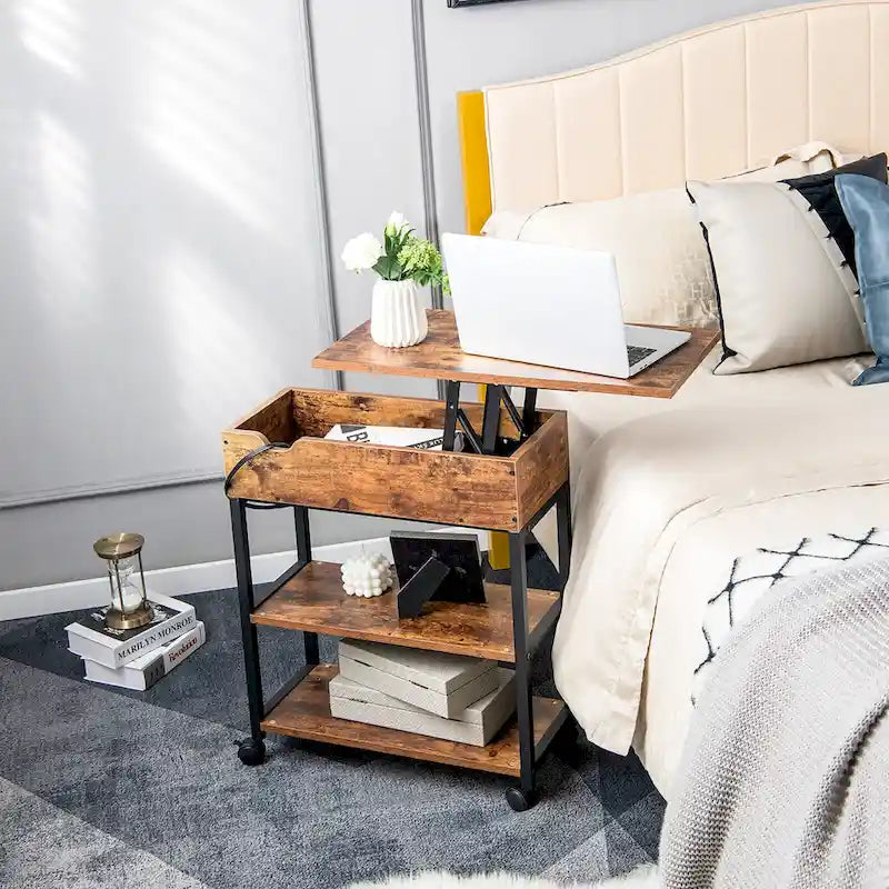 Table d'appoint relevable avec station de charge, étagères de rangement et roulettes