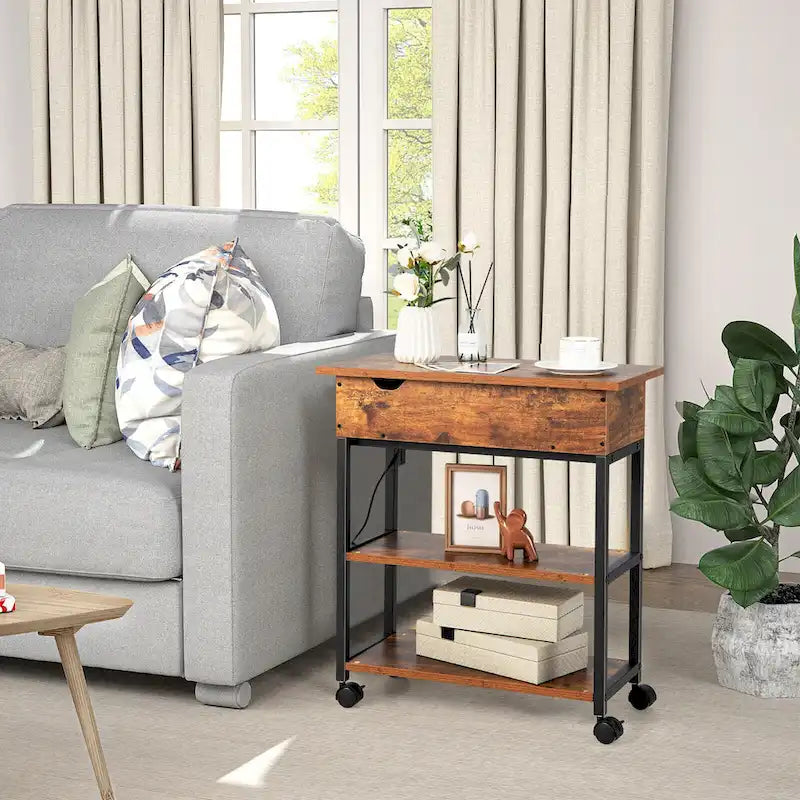 Table d'appoint relevable avec station de charge, étagères de rangement et roulettes