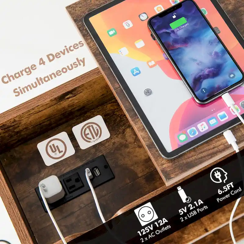 Table d'appoint relevable avec station de charge, étagères de rangement et roulettes