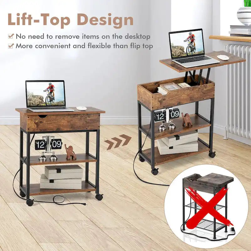 Table d'appoint relevable avec station de charge, étagères de rangement et roulettes