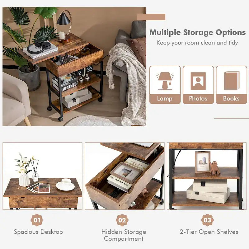 Table d'appoint relevable avec station de charge, étagères de rangement et roulettes