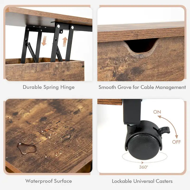 Table d'appoint relevable avec station de charge, étagères de rangement et roulettes