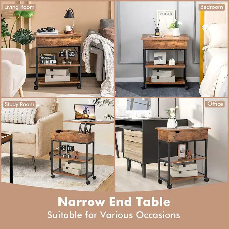 Table d'appoint relevable avec station de charge, étagères de rangement et roulettes