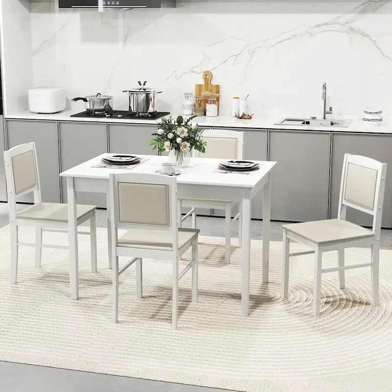 Ensemble de salle à manger 5 pièces pour 4 personnes avec pieds en bois d'hévéa et assise rembourrée