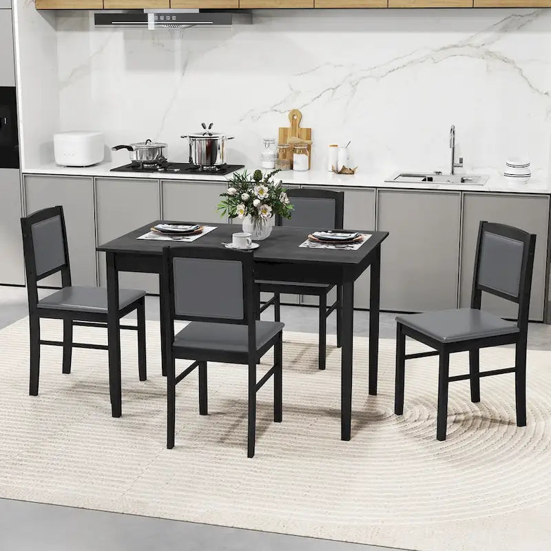 Ensemble de salle à manger 5 pièces pour 4 personnes avec pieds en bois d'hévéa et assise rembourrée