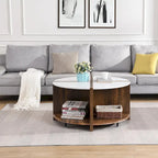 Table Basse Ronde Industrielle, Table Basse Double Couche avec Espace de Rangement, pour Salon et Jardin, Blanc