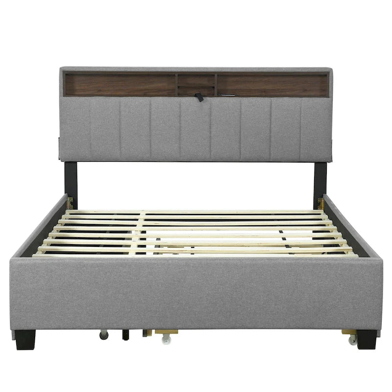 Lit plateforme capitonné en lin avec dossier de rangement ouvrable, lit bas en bois avec lit gigogne, 2 tiroirs, prises, ports USB
