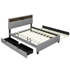 Lit plateforme capitonné en lin avec dossier de rangement ouvrable, lit bas en bois avec lit gigogne, 2 tiroirs, prises, ports USB