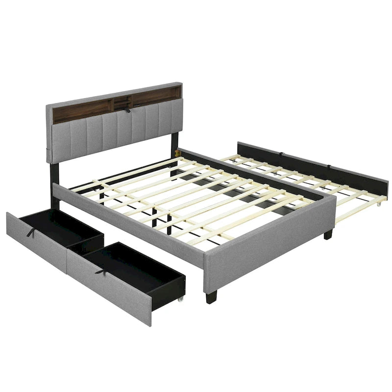 Lit plateforme capitonné en lin avec dossier de rangement ouvrable, lit bas en bois avec lit gigogne, 2 tiroirs, prises, ports USB
