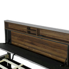 Lit plateforme capitonné en lin avec dossier de rangement ouvrable, lit bas en bois avec lit gigogne, 2 tiroirs, prises, ports USB