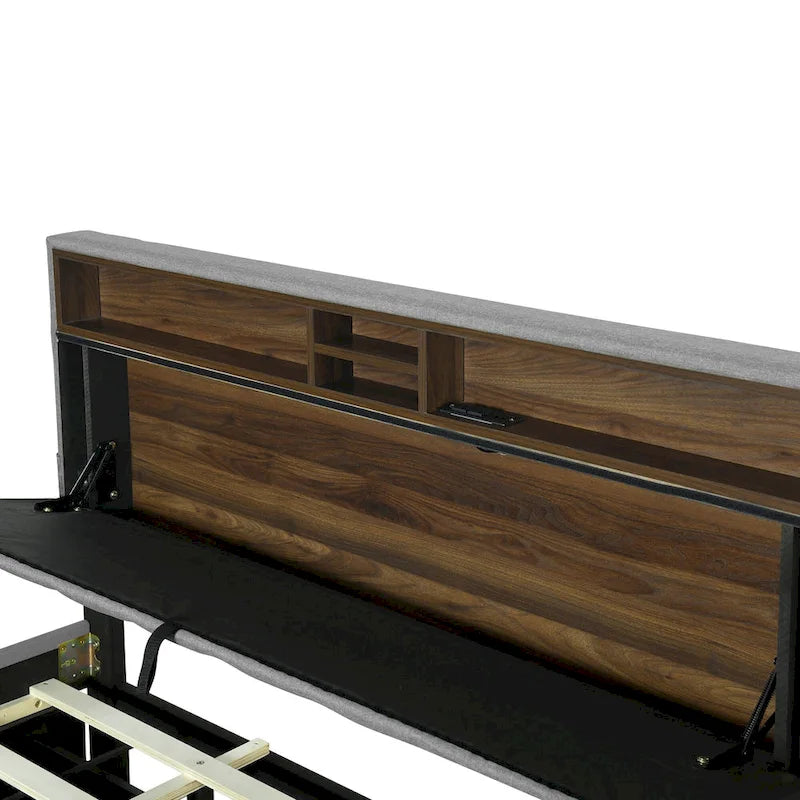 Lit plateforme capitonné en lin avec dossier de rangement ouvrable, lit bas en bois avec lit gigogne, 2 tiroirs, prises, ports USB