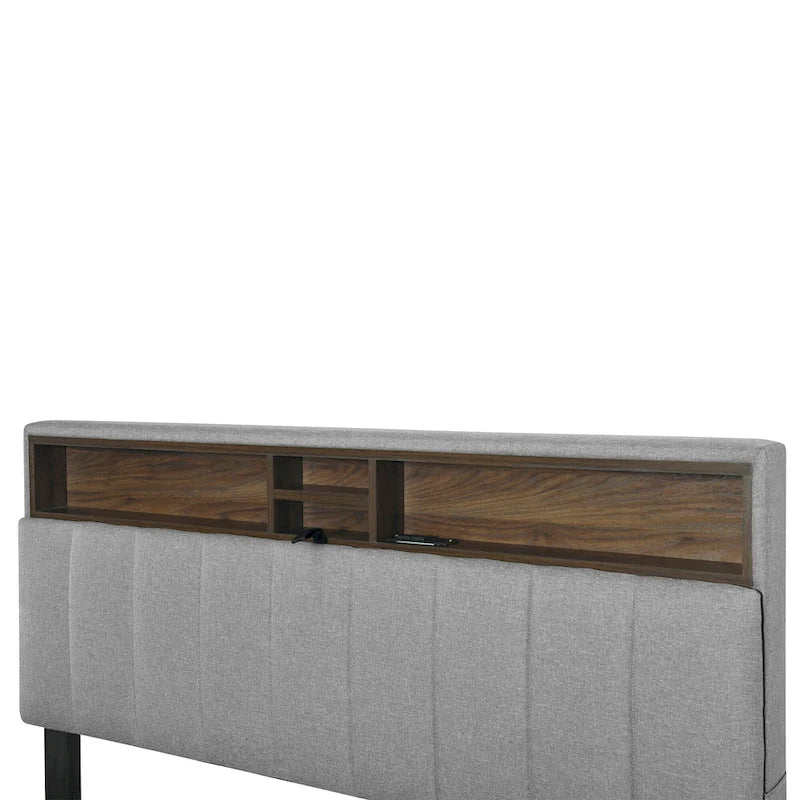 Lit plateforme capitonné en lin avec dossier de rangement ouvrable, lit bas en bois avec lit gigogne, 2 tiroirs, prises, ports USB