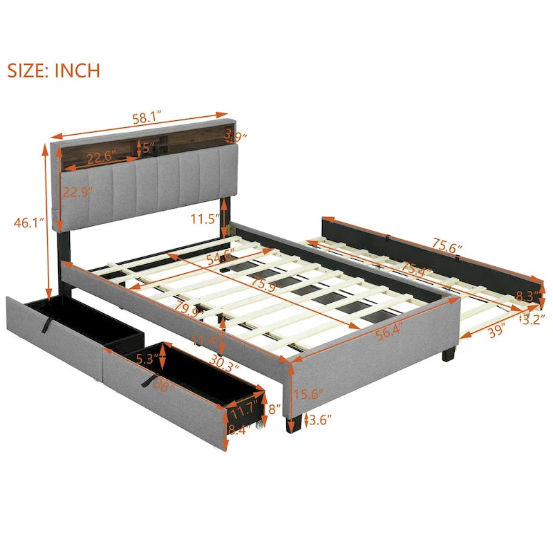 Lit plateforme capitonné en lin avec dossier de rangement ouvrable, lit bas en bois avec lit gigogne, 2 tiroirs, prises, ports USB