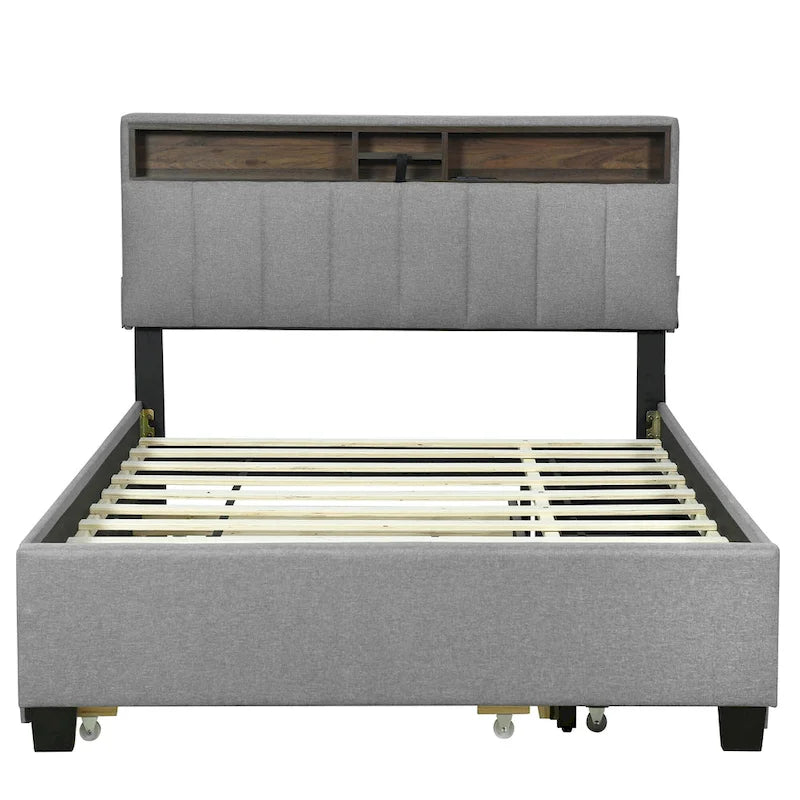 Lit plateforme capitonné en lin avec dossier de rangement ouvrable, lit bas en bois avec lit gigogne, 2 tiroirs, prises, ports USB