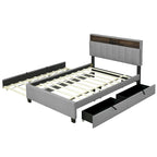 Lit plateforme capitonné en lin avec dossier de rangement ouvrable, lit bas en bois avec lit gigogne, 2 tiroirs, prises, ports USB