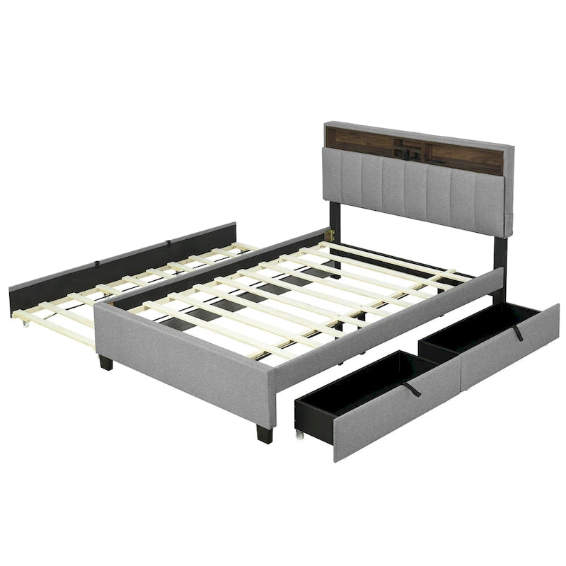 Lit plateforme capitonné en lin avec dossier de rangement ouvrable, lit bas en bois avec lit gigogne, 2 tiroirs, prises, ports USB