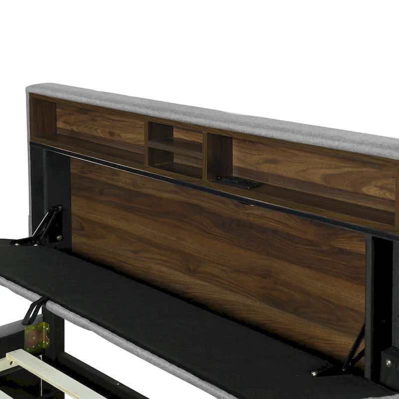 Lit plateforme capitonné en lin avec dossier de rangement ouvrable, lit bas en bois avec lit gigogne, 2 tiroirs, prises, ports USB