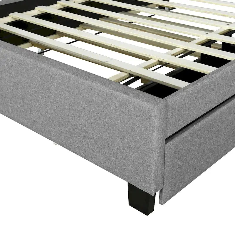 Lit plateforme capitonné en lin avec dossier de rangement ouvrable, lit bas en bois avec lit gigogne, 2 tiroirs, prises, ports USB