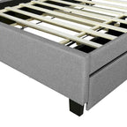 Lit plateforme capitonné en lin avec dossier de rangement ouvrable, lit bas en bois avec lit gigogne, 2 tiroirs, prises, ports USB