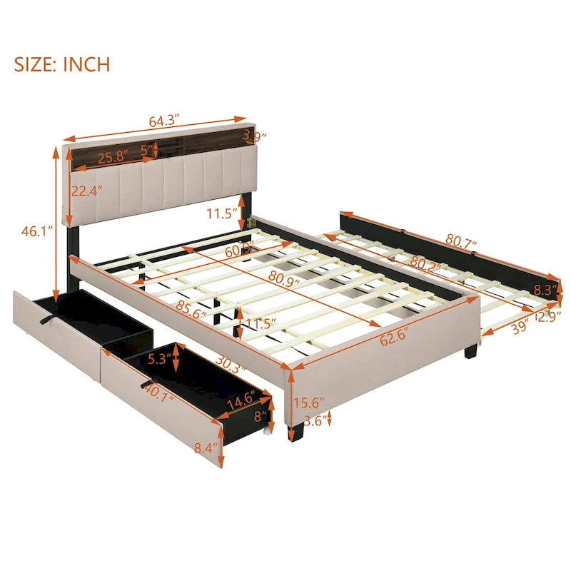 Lit plateforme capitonné en lin avec dossier de rangement ouvrable, lit bas en bois avec lit gigogne, 2 tiroirs, prises, ports USB