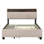 Lit plateforme capitonné en lin avec dossier de rangement ouvrable, lit bas en bois avec lit gigogne, 2 tiroirs, prises, ports USB