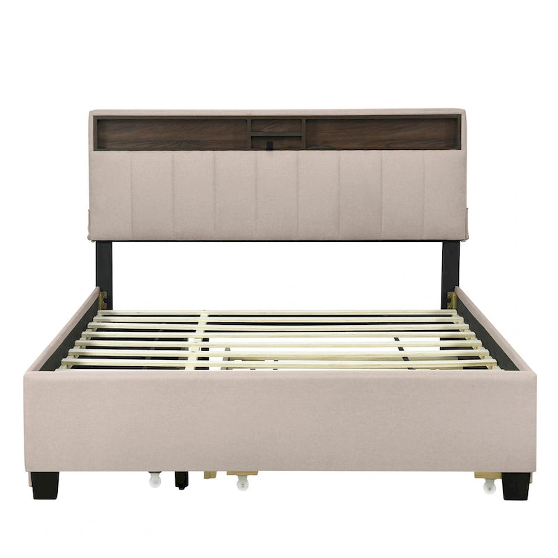 Lit plateforme capitonné en lin avec dossier de rangement ouvrable, lit bas en bois avec lit gigogne, 2 tiroirs, prises, ports USB