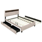 Lit plateforme capitonné en lin avec dossier de rangement ouvrable, lit bas en bois avec lit gigogne, 2 tiroirs, prises, ports USB