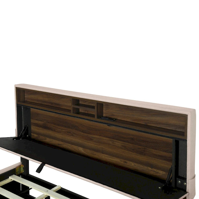 Lit plateforme capitonné en lin avec dossier de rangement ouvrable, lit bas en bois avec lit gigogne, 2 tiroirs, prises, ports USB
