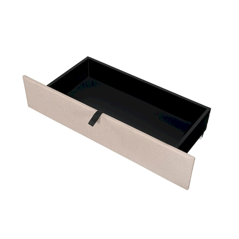 Lit plateforme capitonné en lin avec dossier de rangement ouvrable, lit bas en bois avec lit gigogne, 2 tiroirs, prises, ports USB
