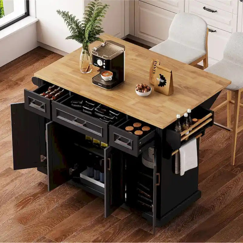 Grand îlot de cuisine de 54 pouces avec abattant en bois d'hévéa (tabouret non inclus)