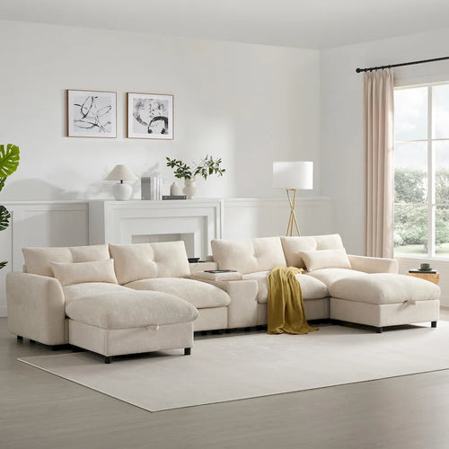 Canapé d'angle modulaire en U 142 avec poufs de rangement et console