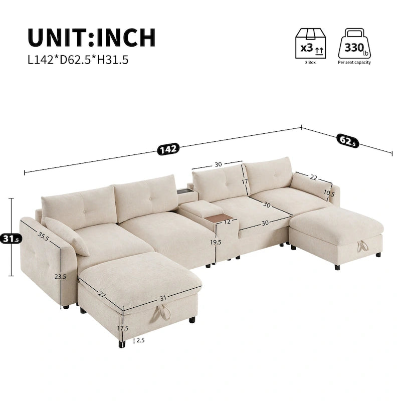 Canapé d'angle modulaire en U 142 avec poufs de rangement et console