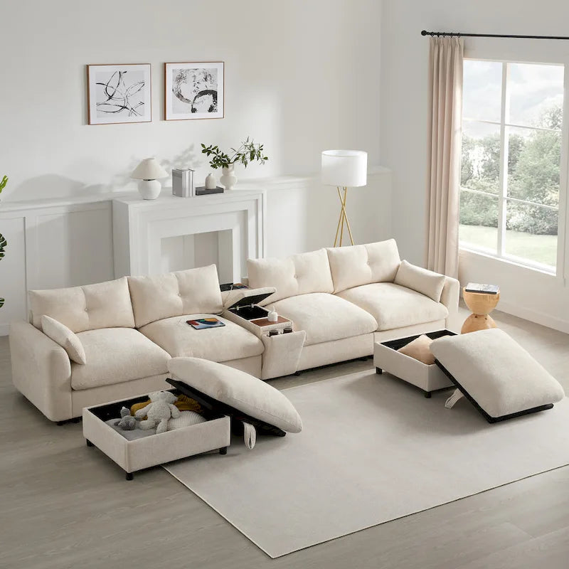 Canapé d'angle modulaire en U 142 avec poufs de rangement et console
