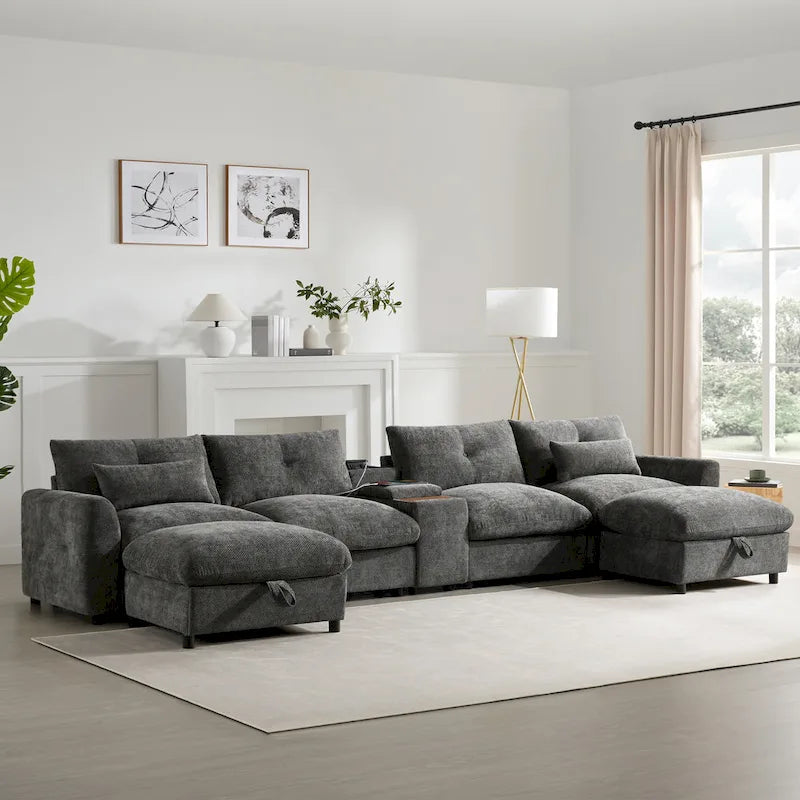 Canapé d'angle modulaire en U 142 avec poufs de rangement et console