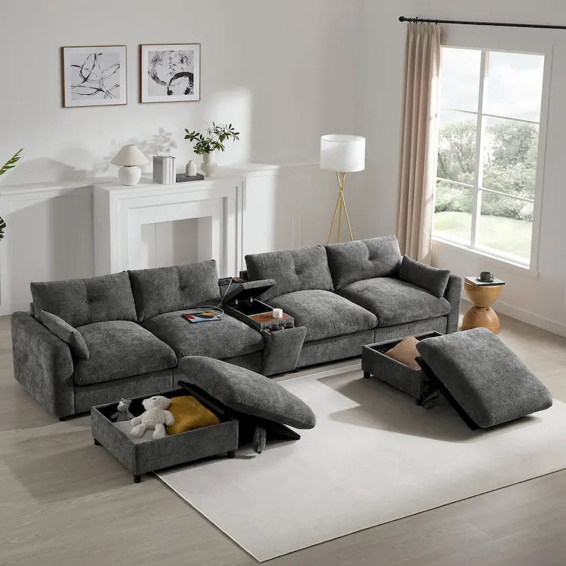 Canapé d'angle modulaire en U 142 avec poufs de rangement et console