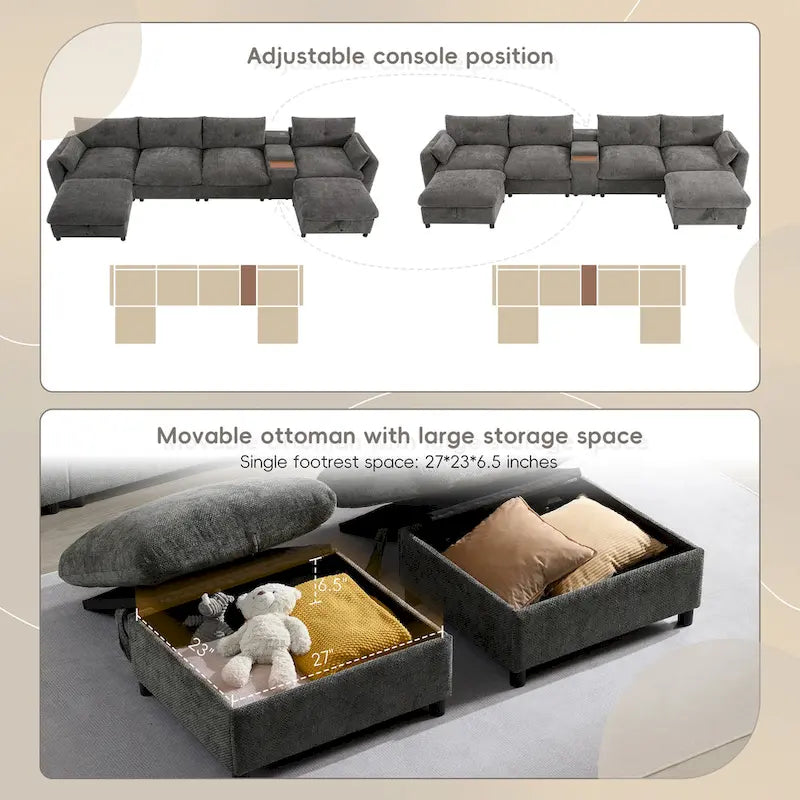 Canapé d'angle modulaire en U 142 avec poufs de rangement et console