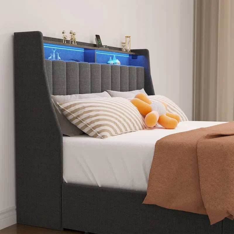 Lit plateforme avec LED et tiroirs de rangement
