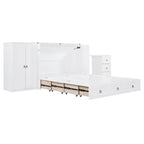 Lit escamotable Queen Size blanc avec port USB, grand tiroir et bureau combinés pour chambre à coucher